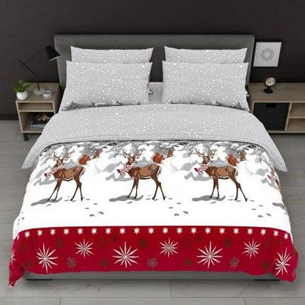 Євро максі набір постільної білизни Бязі Gold бавовняний з новорічним принтом олені на сірому 200*220 Черешенька, фото 1