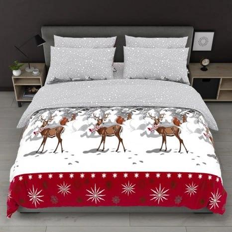 Євро максі набір постільної білизни Бязі Gold  бавовняний з новорічним принтом олені на сірому 200*220 Черешенька