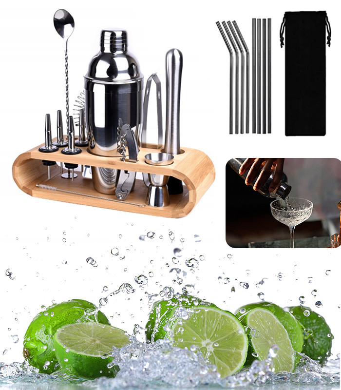 Професійний набір бармена (23 елементи) з підставкою, барменський шейкер, набір для створення коктейлів