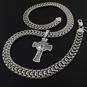 Комплект! Срібна цепочка з хрестиком чоловіча широка. Срібний хрестик Образ Ісуса і ланцюжок Фараон 55 см