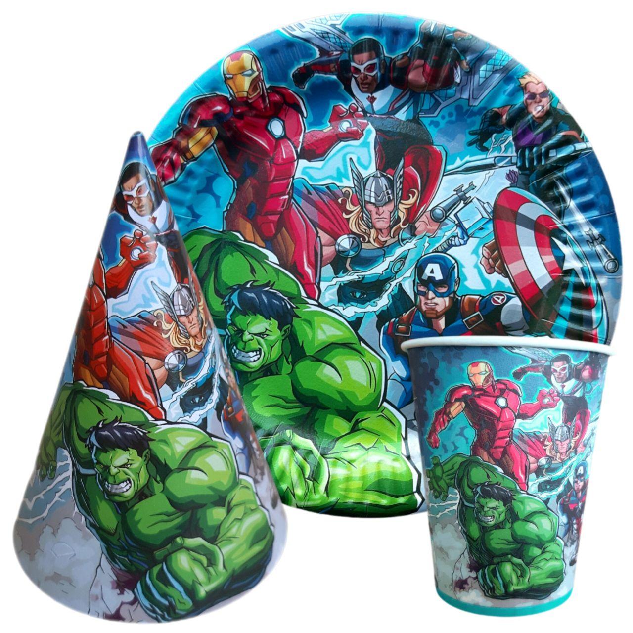 Набір тематичной посуди "Месники Халк". Тарілки: 10шт. Стаканов: 10шт. Ковпаків: 10шт.