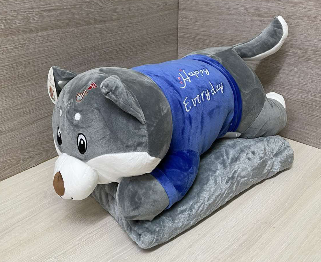 Плед - м'яка іграшка 3 в 1 (Собака сіра в синій кофті ), фото 1