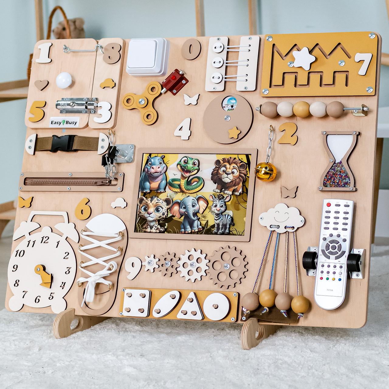 Бізіборд для дівчинки хлопчика, Розвиваюча Дошка Комплекс Сафарі Бізікуб Дитяча іграшка + Подарунок, фото 1