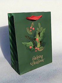 Новорічний пакет  23,5 см х 18 см х 8 см Merry Christmas зелений