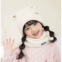 Шапка зі снудом дитяча для дівчинки з вушками зимова утеплена молочний колір Baodiduo шапка+хомут