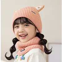 Шапка зі снудом дитяча для дівчинки з вушками зимова утеплена колір пудра рожевий Baodiduo шапка+хомут