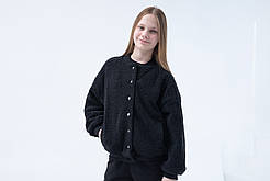 Дитячий бомбер кофта для дівчаток на кнопках із матеріалу тедді чорного кольору р. 140-170