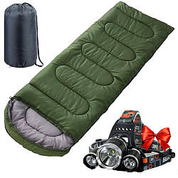 Спальний мішок демісезонний + Подарунок Ліхтар на лоб RJ-3000 / Спальник-ковдра / Спальний мішок з капюшоном