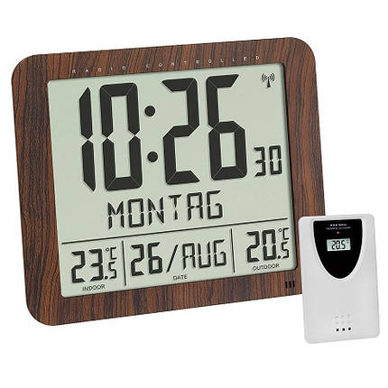 Електронний годинник TFA 60451808 | Безпровідний датчик температури, Радіокеровани годинник, Будильник, Календар, фото 1