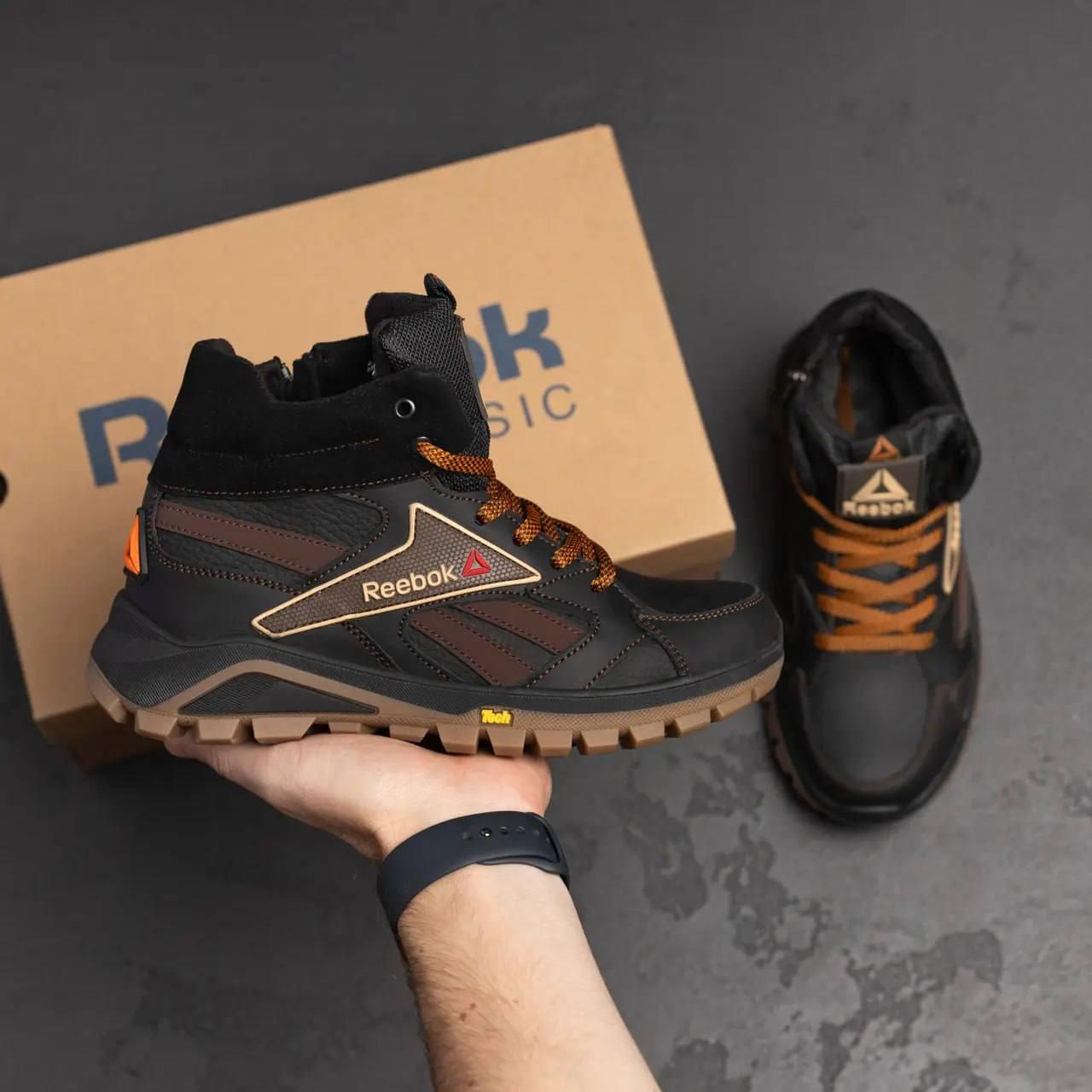 Спортивні підліткові черевики Reebok чорні, зимові кросівки на хлопчика підлітка рібок шкіряні / ботинки на мальчика теплые, фото 1