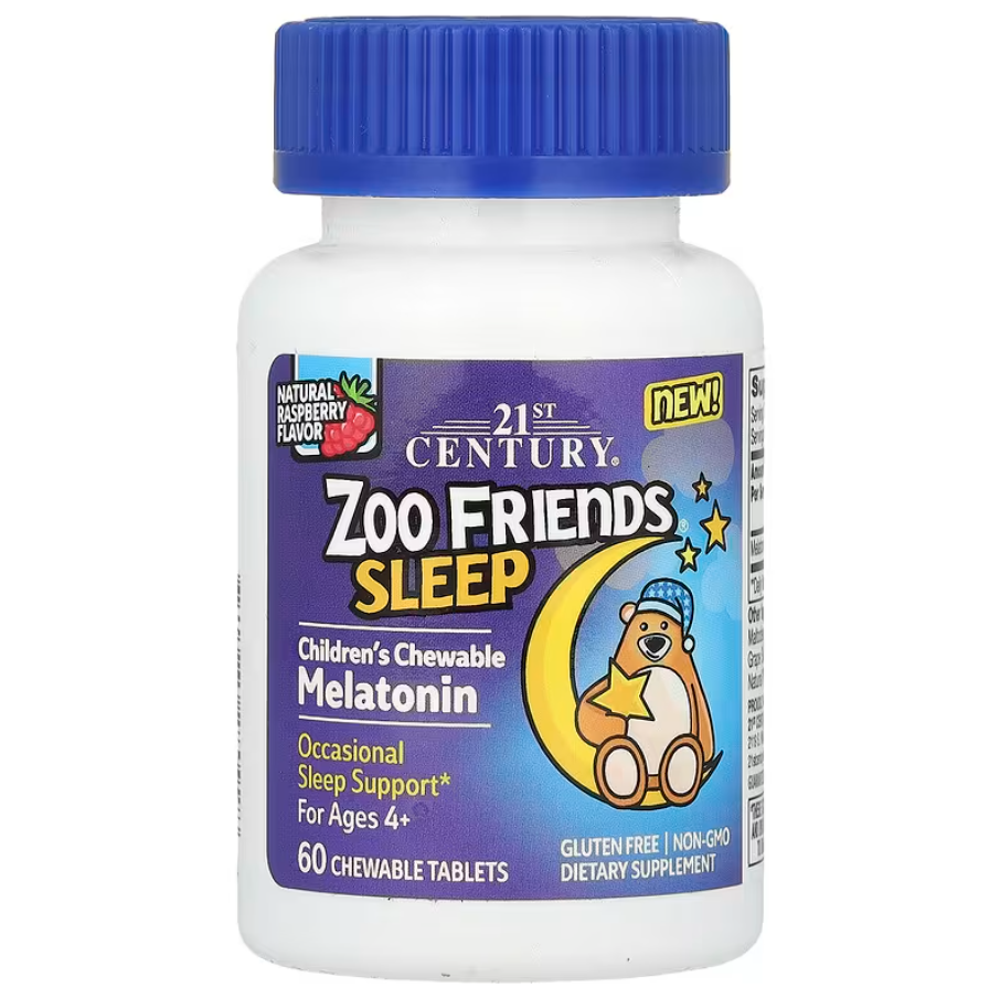 Zoo Friends Sleep Children's Chewable Melatonin Ages 4+ Raspberry 21st Century 60 жувальних таблеток, фото 1