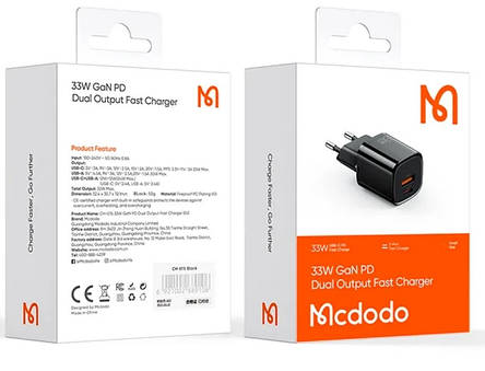 МЗП McDodo Nano Series 33W PD + QC Dual Port Charger ( EU plug ) CH-0151 Black, фото 2