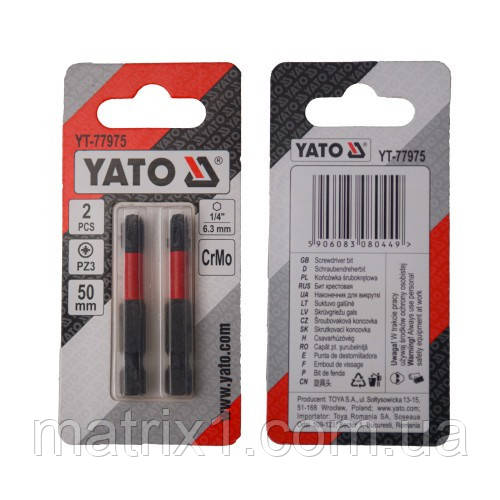 Біти для шурупокрута YATO; PZ3 х 25 мм. сталь S2. 6-гранний хвостовик 1/4", 2 шт. YT-78005