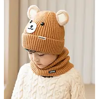Шапка зі снудом дитяча для хлопчика з вушками Ведмедик зимовий утеплений коричневий Baodiduo шапка+хомут