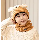 Шапка зі снудом дитяча для хлопчика з вушками Ведмедик зимовий утеплений коричневий Baodiduo шапка+хомут, фото 4
