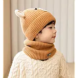 Шапка зі снудом дитяча для хлопчика з вушками Ведмедик зимовий утеплений коричневий Baodiduo шапка+хомут, фото 5