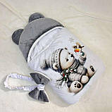 Зимовий комбінезон + спальник для новонароджених, білий із сірим, принт ведмежатко, фото 2