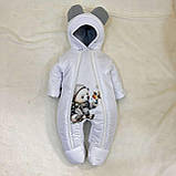 Зимовий комбінезон + спальник для новонароджених, білий із сірим, принт ведмежатко, фото 4