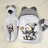 Зимовий комбінезон + спальник для новонароджених, білий із сірим, принт ведмежатко, фото 5