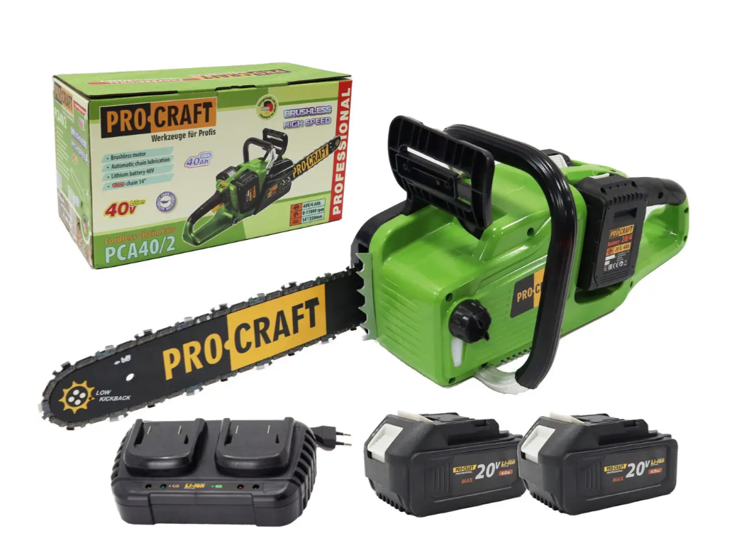 Акумуляторна ланцюгова пилка ProCraft PCA40/2 + 2 акумуляторні батареї 20V/4A + зарядний пристрій 20/2