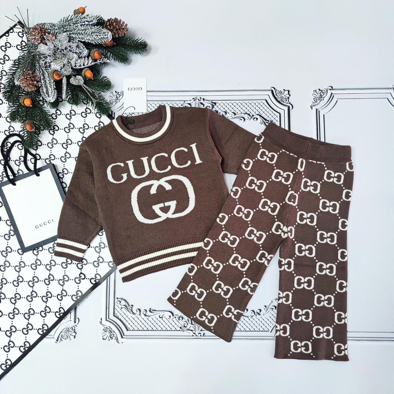 Дитячий в'язаний теплий костюм Гуччі для дівчинки, фото 1
