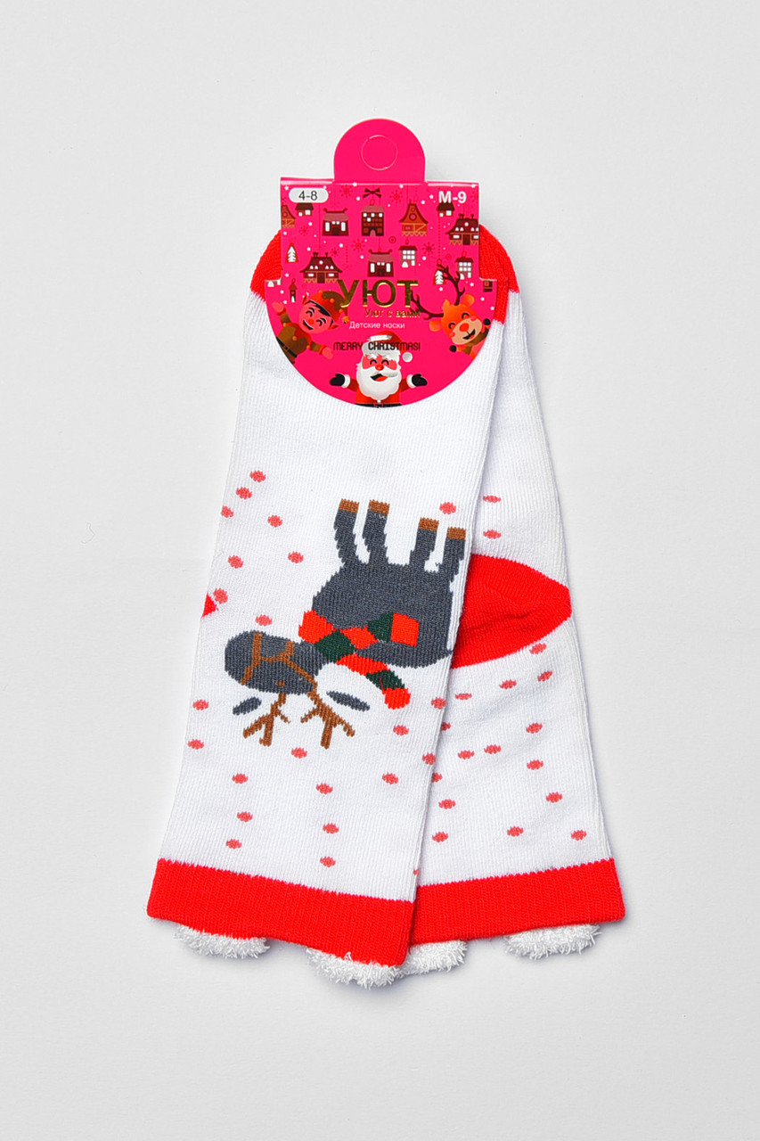 Шкарпетки дитячі з новорічним принтом білого кольору р.4-8 190982S, фото 1