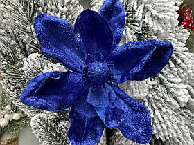 Новорічна квітка на ялинку "Магнолія оксамит гліттер, 17 см, синього кольору