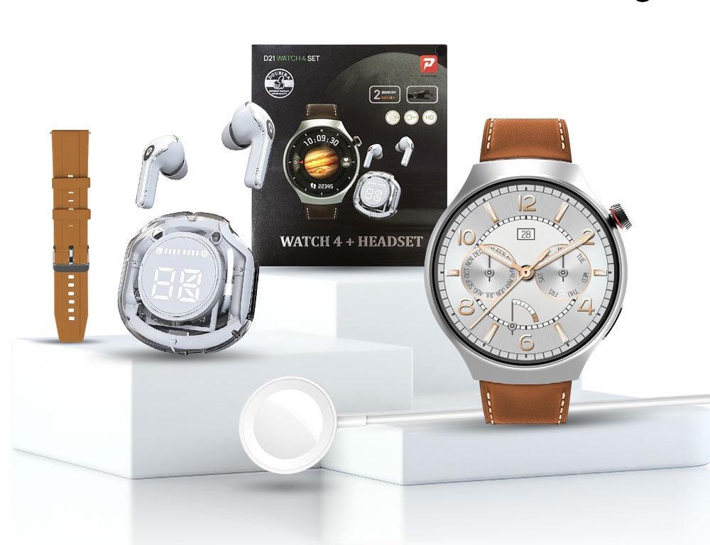 Розумний годинник D21 watch4 SET + бездротові навушники та 2 браслети. Подарунковий набір чоловічий, фото 1