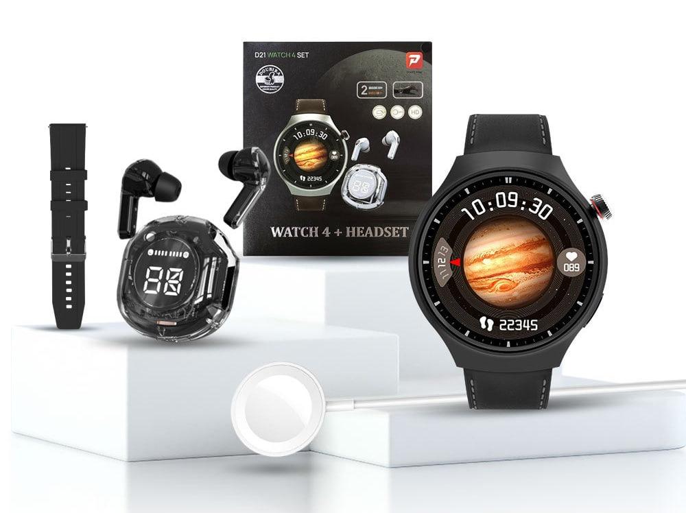 Розумний годинник D21 watch4 SET + бездротові навушники та 2 браслети. Подарунковий набір чоловічий (чорні)