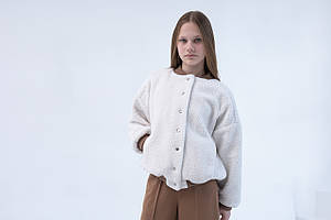 Кофта бомбер тедді для дівчинки молочного кольору на кнопках р. 140-170