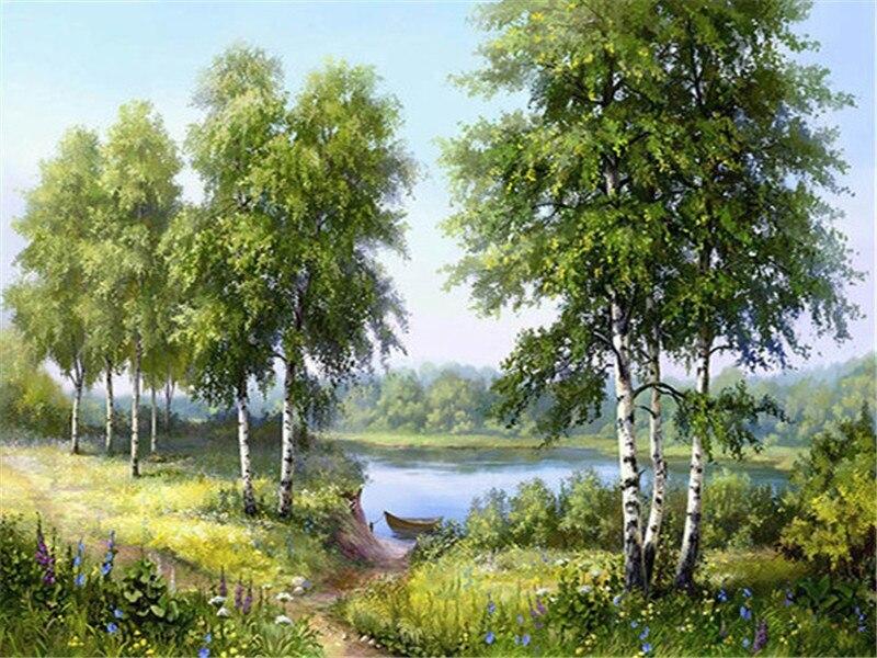 Алмазна мозаїка на підрамнику картина стразами 40х50 см DIY Берези біля річки (SGLE 75089 - C)