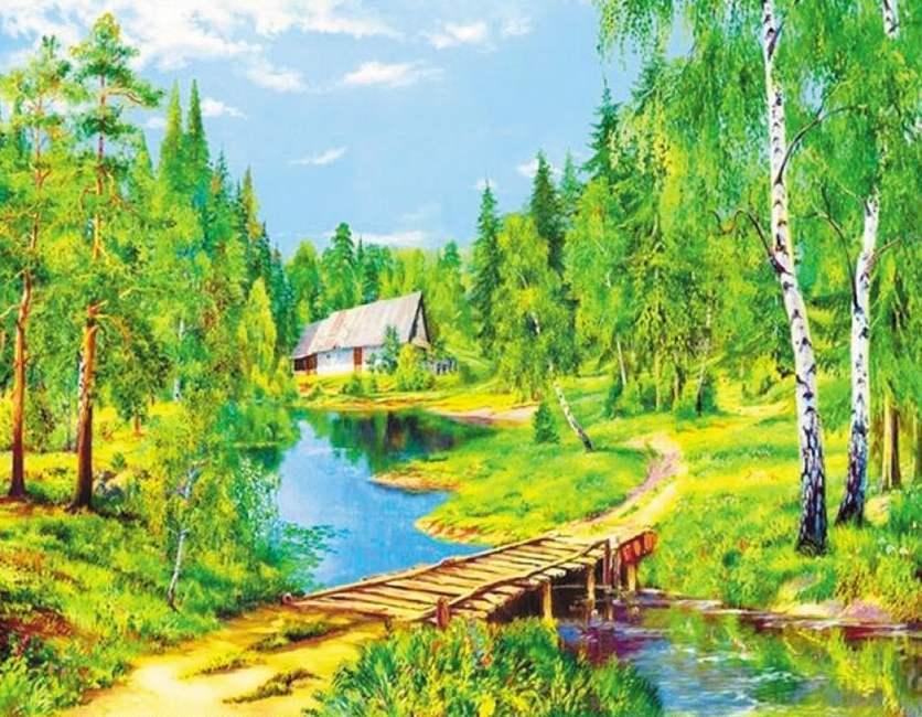 Алмазна мозаїка на підрамнику картина стразами 40х50 см DIY Хатина в лісі (SGLE 77324 - C)