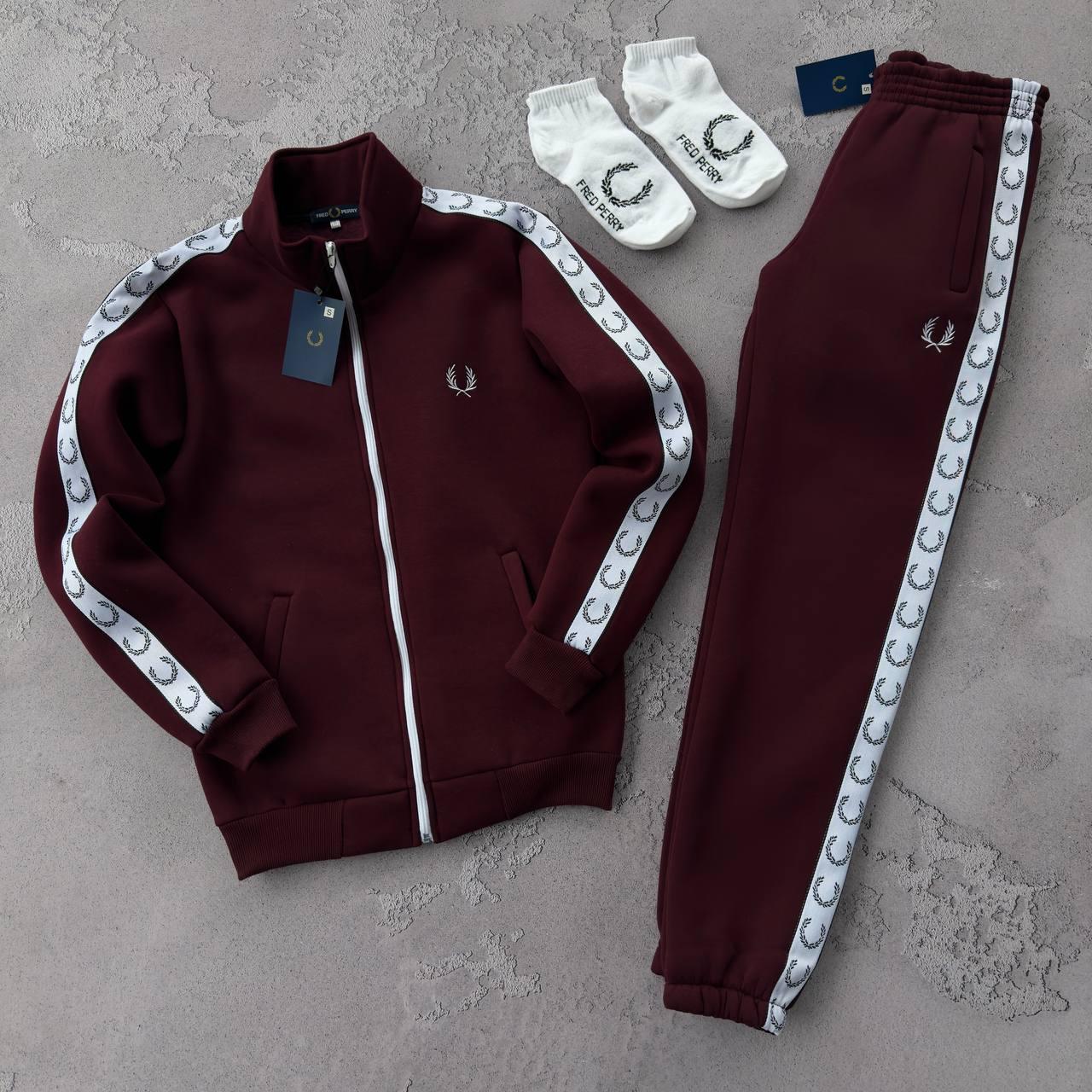 Зимовий спортивний костюм жіночий Fred Perry комплект олімпійка та штани з начосом фред перрі бордовий
