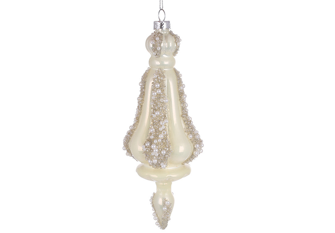 Ялинкова прикраса рельєфної форми з декором з бісеру 18.5см, колір - перламутр кремовий, фото 1