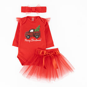 Святковий комплект-трійка новонародженій дівчинці Machine зріст 62 см (1 - 3 місяці) Malena Червоний з принтом