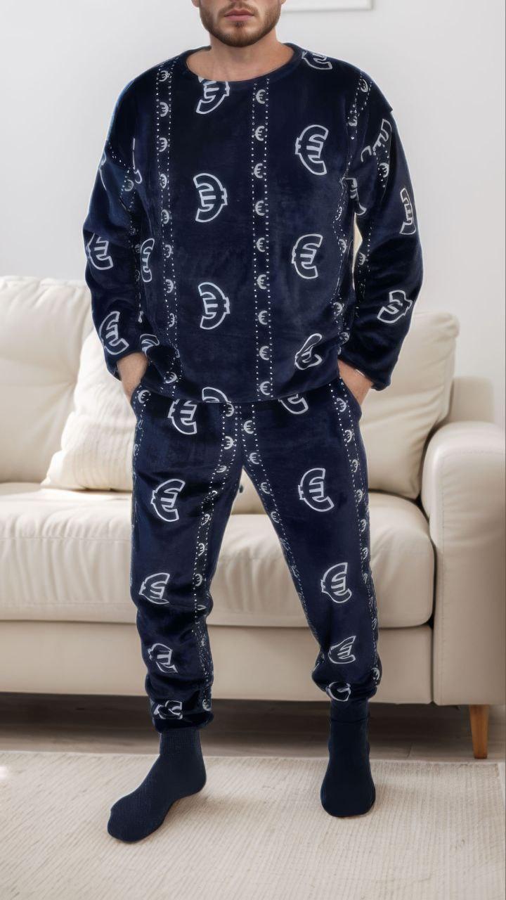 Піжама чоловіча тепла з м'якого плюша синього кольору, фото 1