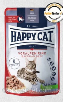Вологий корм Beutel Voralpen Rind у вигляді шматочків в cоусі для котів з яловичиною, 85г HAPPY СAT, фото 1