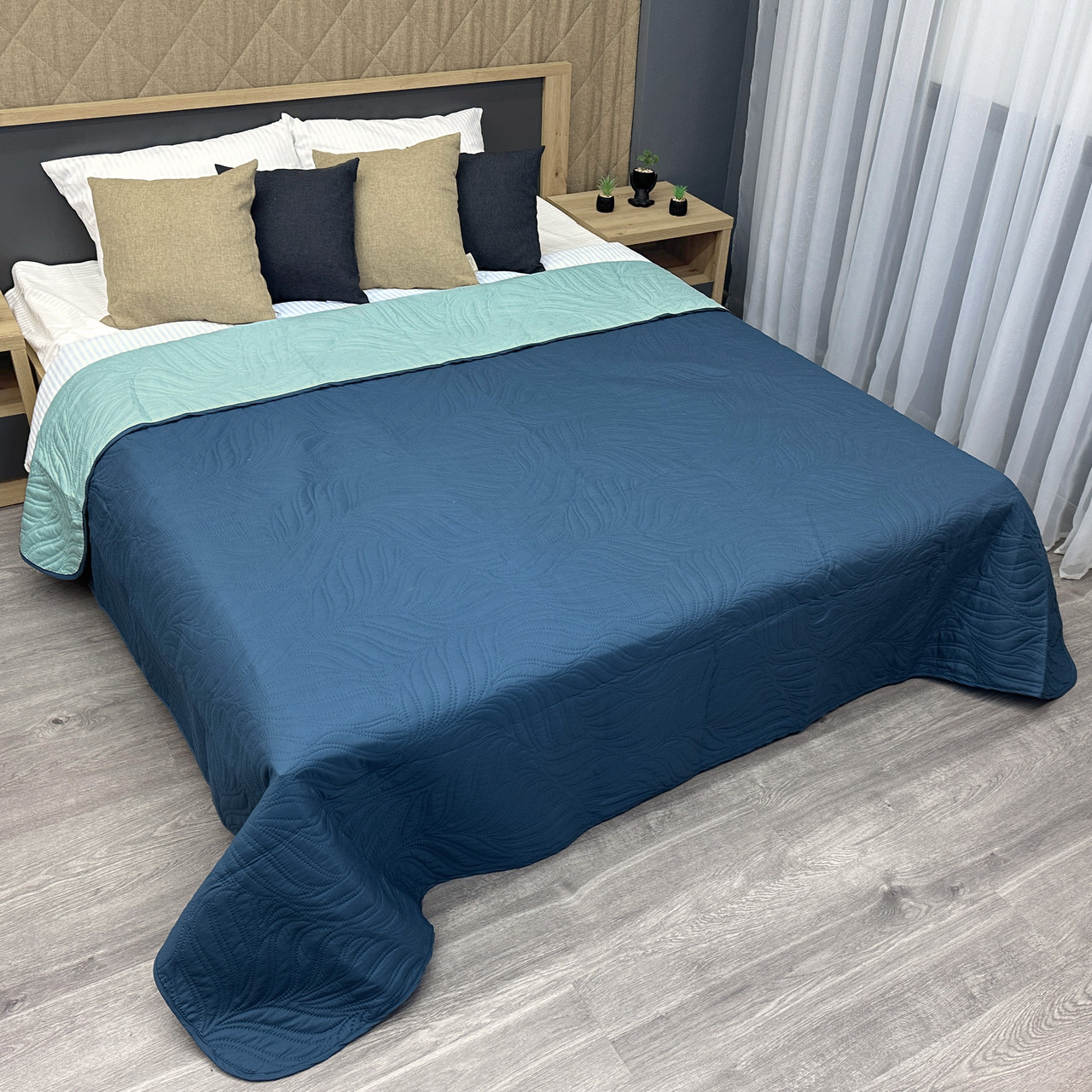 Покривало двостороннє Decorator Microfiber листя, синій з блакитним, фото 1