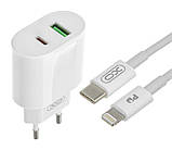 Блок живлення XO-L81A  з кабелем Type-C - Lightning (Iphone)  Швидка зарядка Quick Charge 3.0 USB 18W + Type C (PD 20W) Білий, фото 3