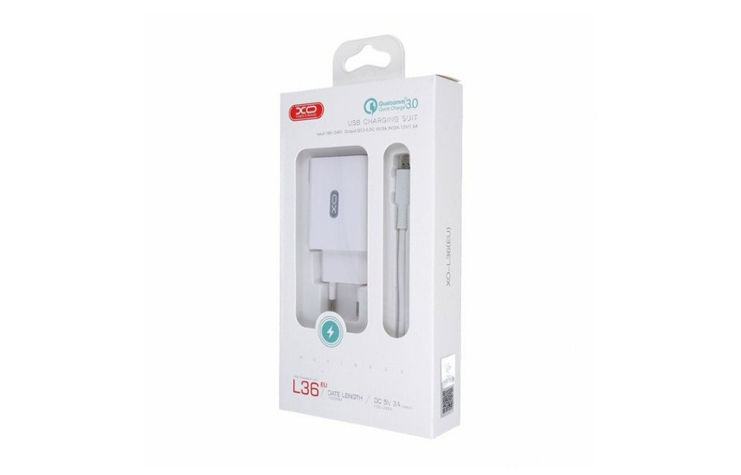 Блок живлення XO-L36 з USB кабелем Type-C Швидка зарядка Quick Charge 3.0 Білий, фото 1
