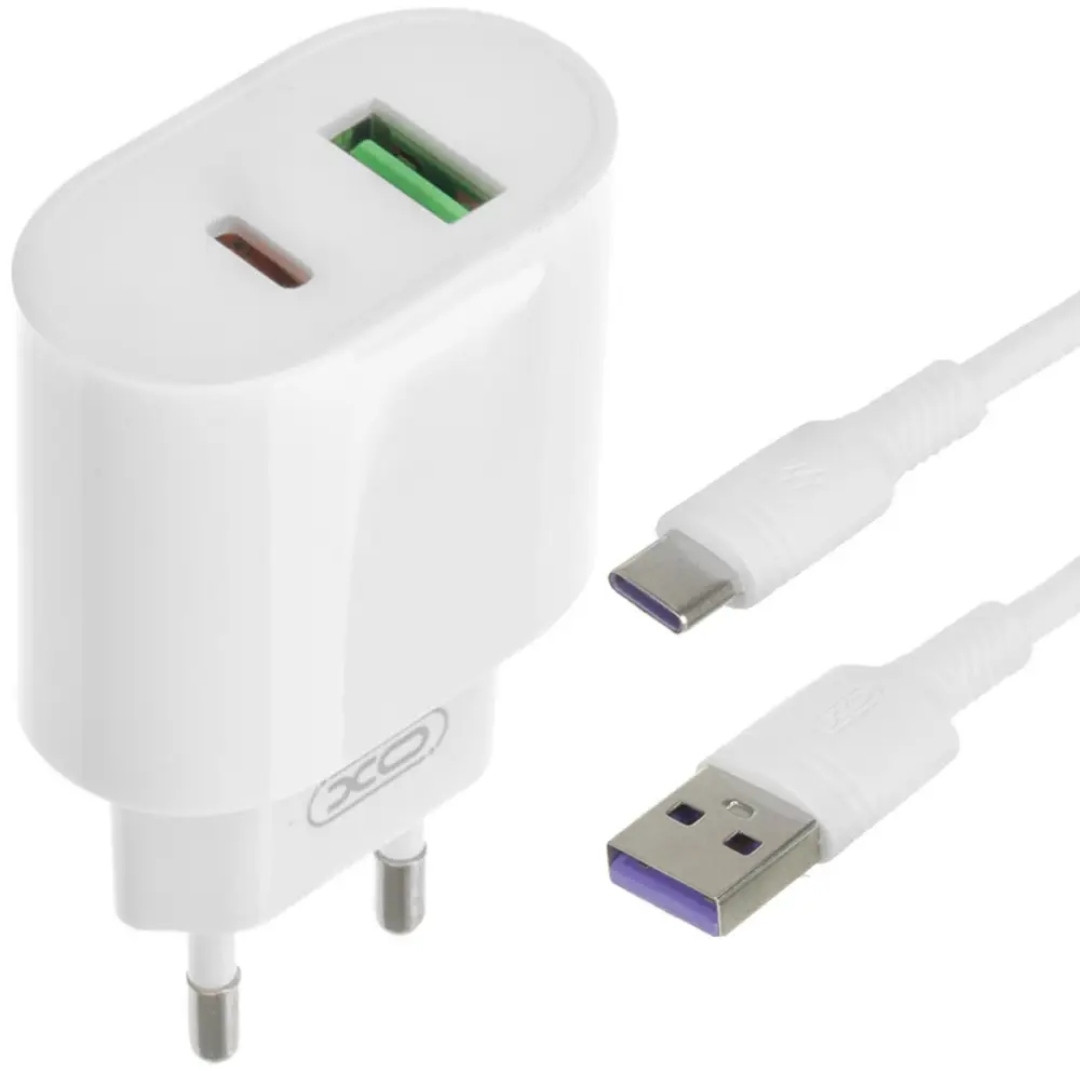 Блок живлення XO-L81A з кабелем Type-C Швидка зарядка Quick Charge 3.0 USB 18W + Type C (PD 20W) Білий