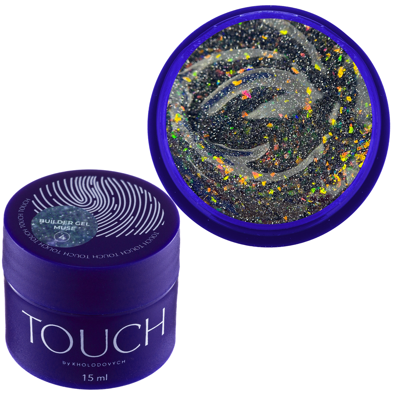 Світловідбиваючий гель TOUCH Builder Gel MUSE №04, 15 мл смарагд з хлоп'ями хамелеон