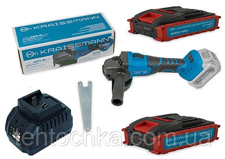 Акумуляторна болгарка KRAISSMANN 1253 AWS-BL 20/2 безщітковий мотор 2 — акумулятора 8 А·год. зарядний, фото 1