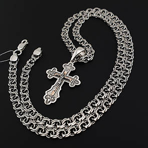 Комплект! Срібний хрестик із золотими пластинами і срібна цепочка чоловіча бісмарк. Срібна цепочка з хрестиком