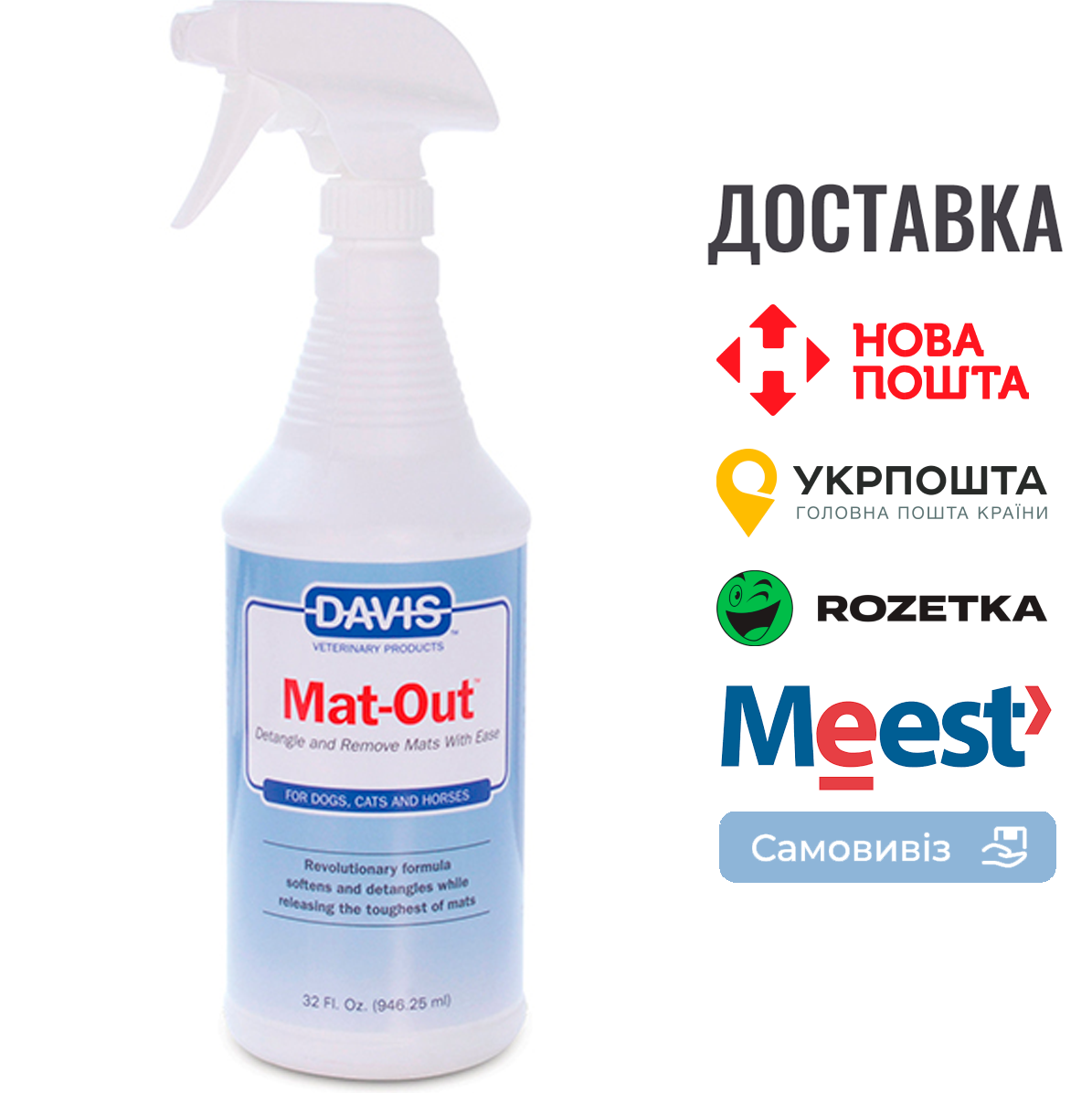 Спрей Davis Mat-Out проти ковтунів для собак та котів, 0.946 мл, фото 1