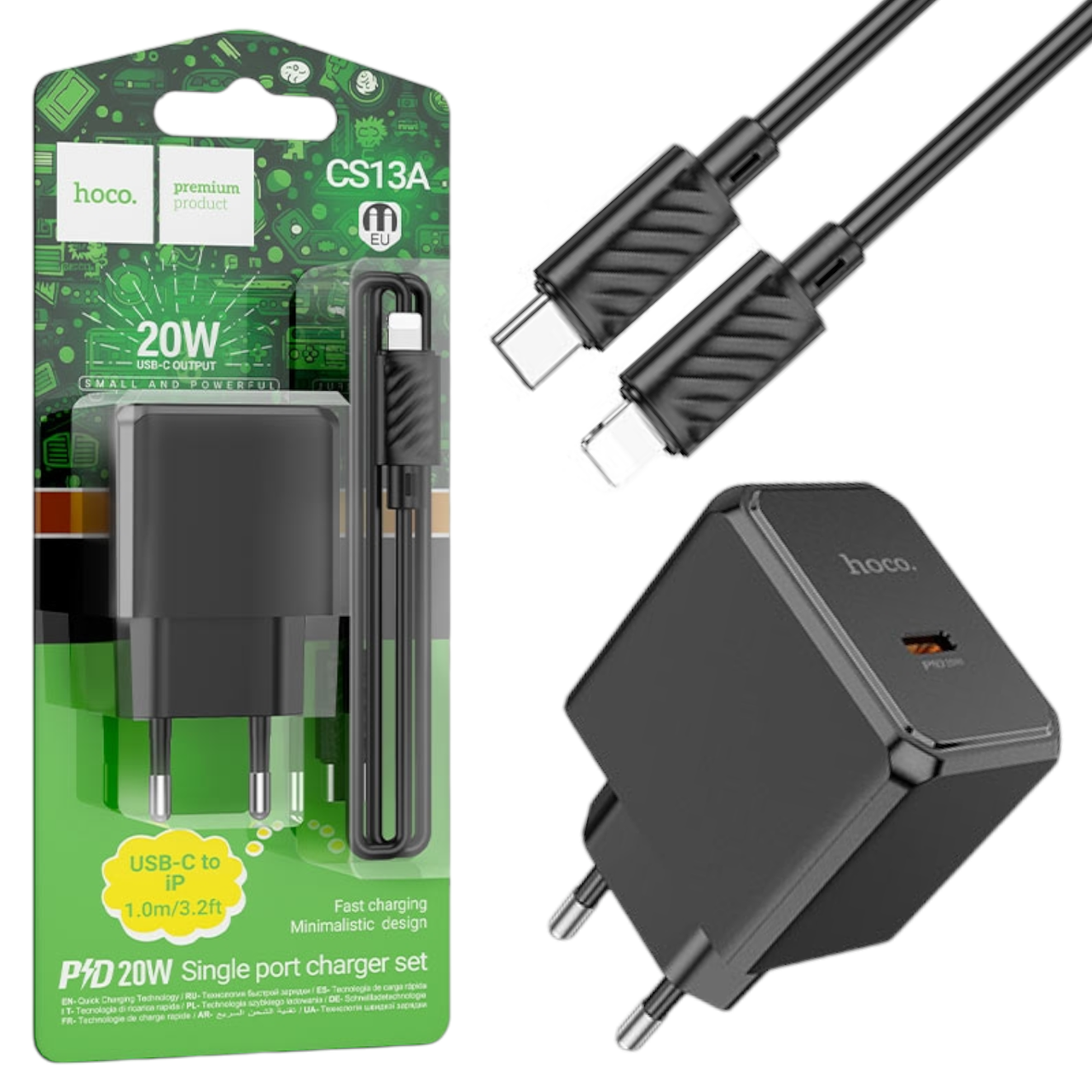 МЗП Hoco CS13A PD20W+QC3.0 (1Type-C) + Type-C/Lightning чорний, зарядний пристрій для телефону, фото 1