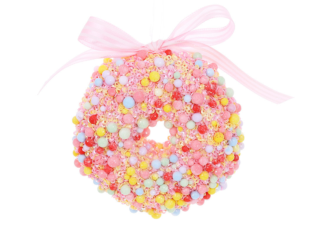 Прикраса пласт. "Донат" 10см прикрашений бісером,паєтками та глітером,рожевий №J88-057/Bonadi/(45)(180), фото 1