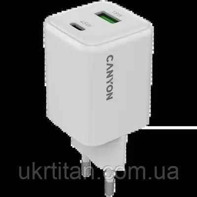 Оригінал! Зарядний пристрій Canyon CU45AC GaN 45W 1xPD 1xQC EU White (CNS-CUW45AC) - Вища Якість!, фото 1