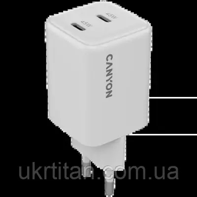 Оригінал! Зарядний пристрій Canyon CU45CC GaN 45W 2xPD EU White (CNS-CUW45CC) - Вища Якість!, фото 1