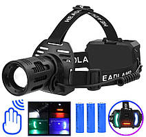 Потужний ліхтар налобний WHITE LASER X2322 TG діод (доп підсвітка ззаду), датчик руху, 3x18650